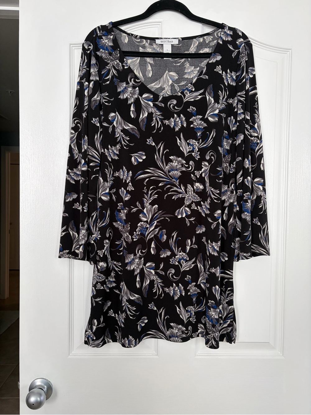White House Black Market Black Floral Tunic Dress with Blue and Gray Accents